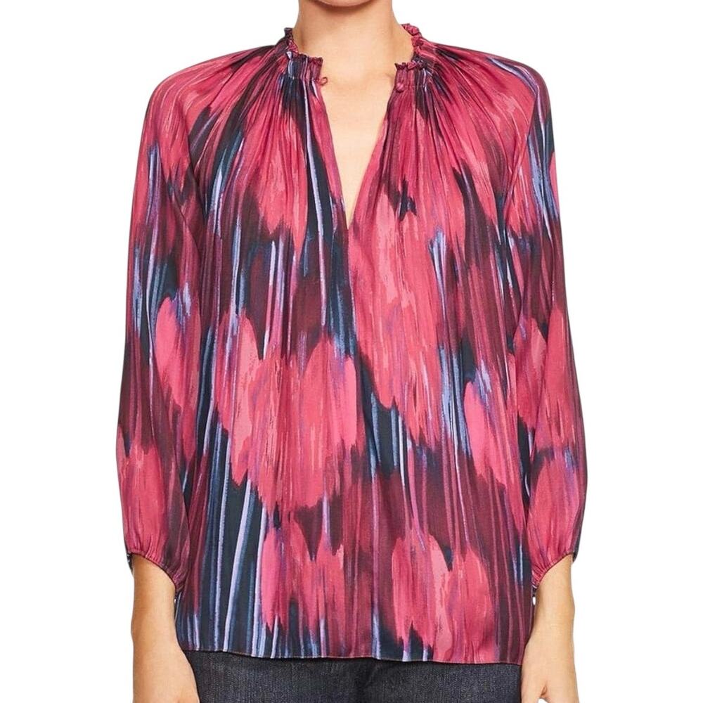 Halston Abstract Print Blouse Pleated Ruffle Neck Long Sleeve Fuchsia Blue Small